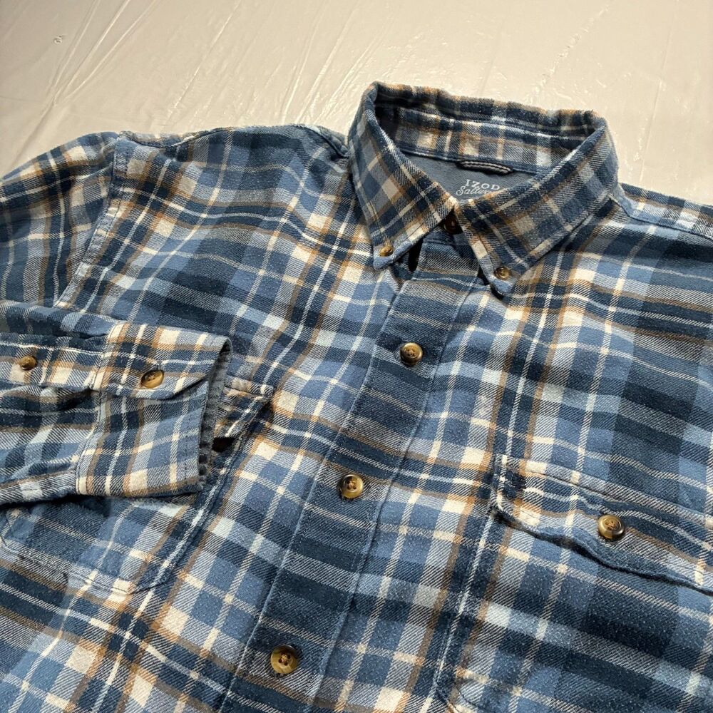 IZOD Saltwater Mens Large Blue Plaid Stretch Long Sleeve Button Down Shirt